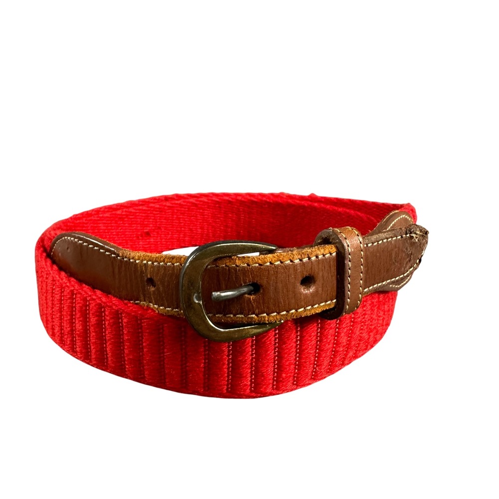 Swank Vintage Mens Red Braided Web Belt Brown Leather Tabs Brass Buckle 42 Inch